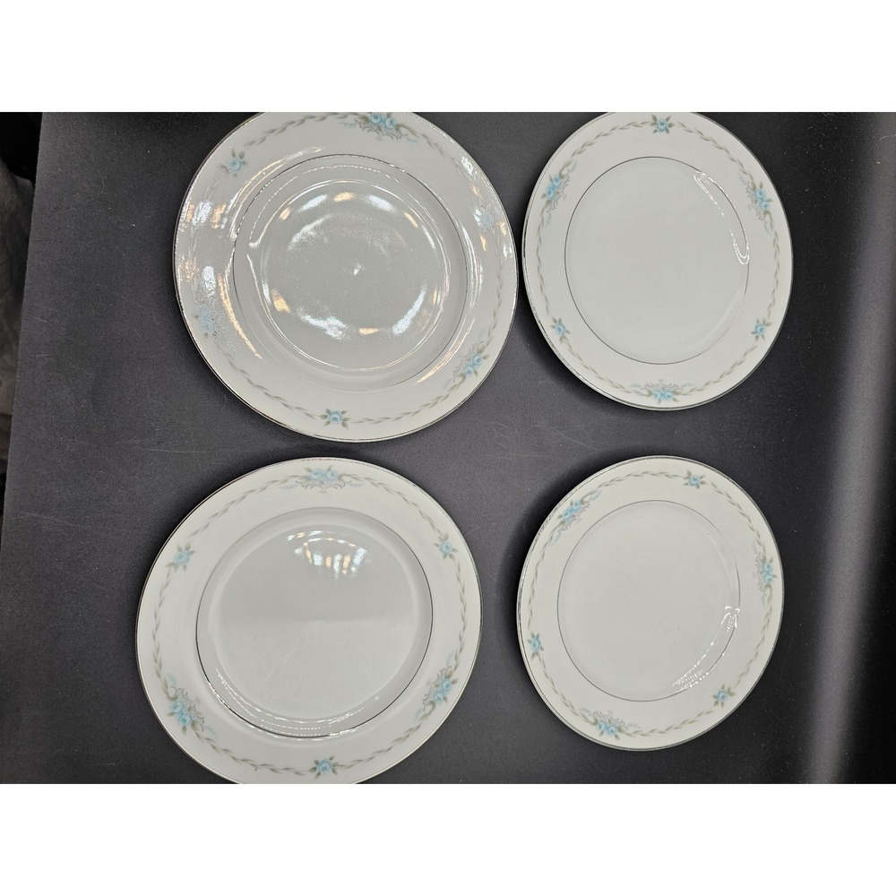 Style House Fine China Corsage Salad Plates Set of 4 Blue Floral Silver Rim